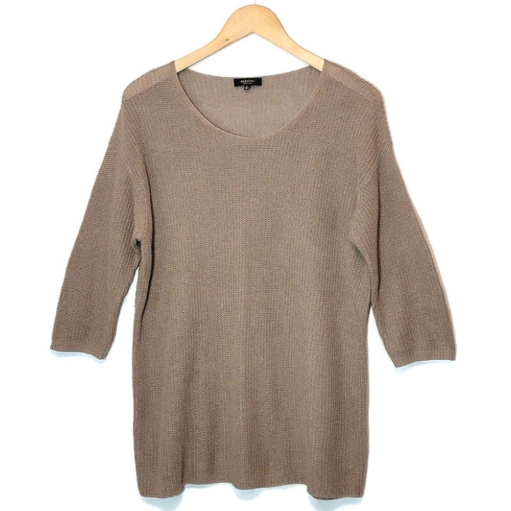 Aritzia Babaton Linen & Silk Scoop Neck 3/4 Slv Sweater M Tan Relaxed Fit